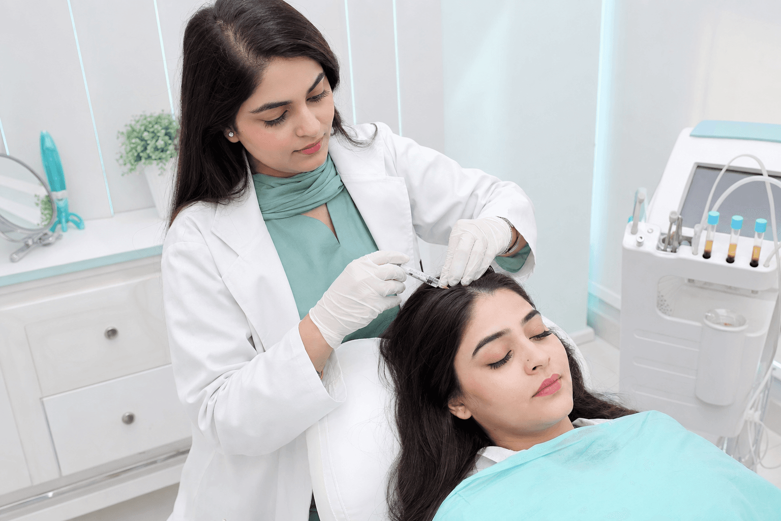 Female dermatologist performing PRP hair therapy